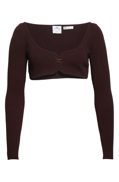 Shop Courrèges Swallow Embroidered Logo Ribbed Crop Sweater In Burgundy
