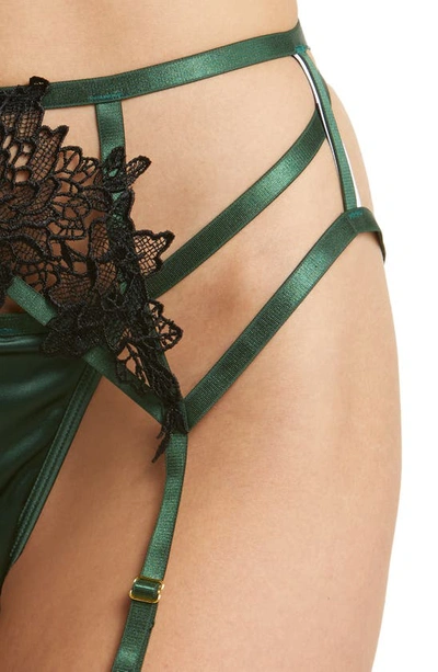 Shop Oh La La Cheri Jeri Floral Appliqué Underwire Bra, Thong & Garter Belt Set In Hunter Green/ Black