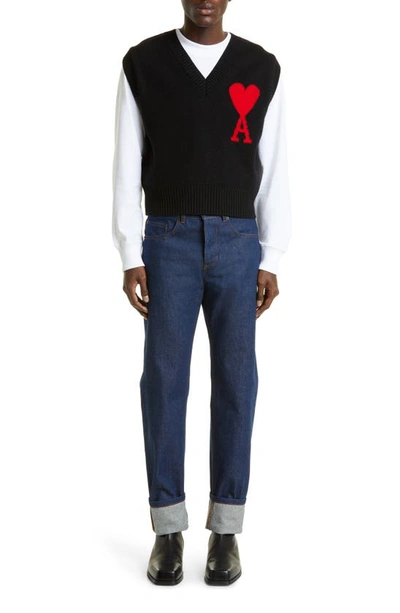 Shop Ami Alexandre Mattiussi Ami De Couer V-neck Wool Sweater Vest In Black/ Red/ 009