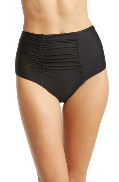 Shop Becca Color Code Ruched High Waist Bikini Bottoms In Black