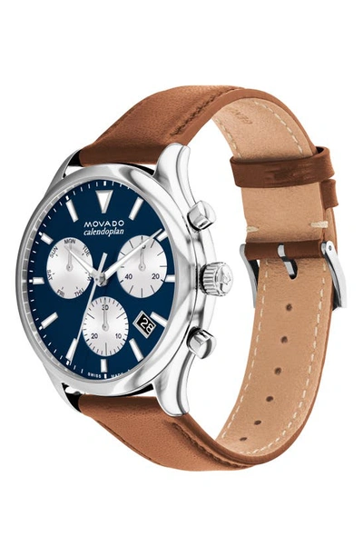 Movado Men's Calendoplan Cognac Brown Genuine Leather Strap Watch 43mm In Blue