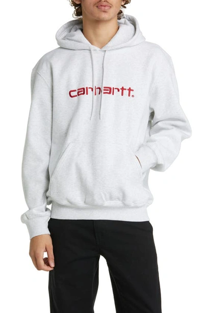 Shop Carhartt Hooded Logo Sweatshirt In Ash Heather / Rocket