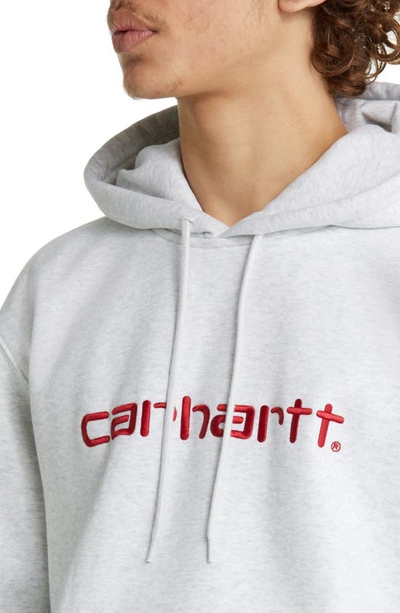 Shop Carhartt Hooded Logo Sweatshirt In Ash Heather / Rocket