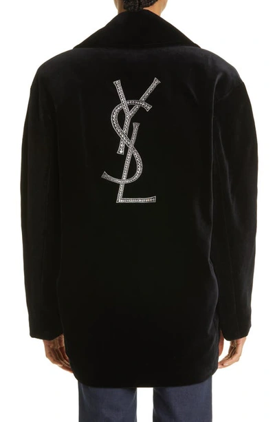 Shop Saint Laurent Embroidered Ysl Logo Cotton Velveteen Peacoat In Nero