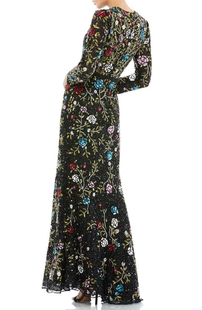 Shop Mac Duggal Sequin Floral Bracelet Sleeve A-line Gown In Black Multi
