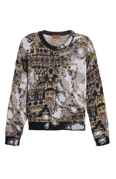 Shop Missoni Metallic Jacquard Wool Blend Sweater In Black/ Beige/ Gold/ White