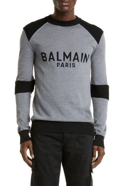 Shop Balmain Rib Panel Wool Crewneck Sweater In Grey/ Black