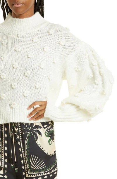 Shop Farm Rio Embellished Flowers Balloon Sleeve Mock Neck Sweater In Off-white