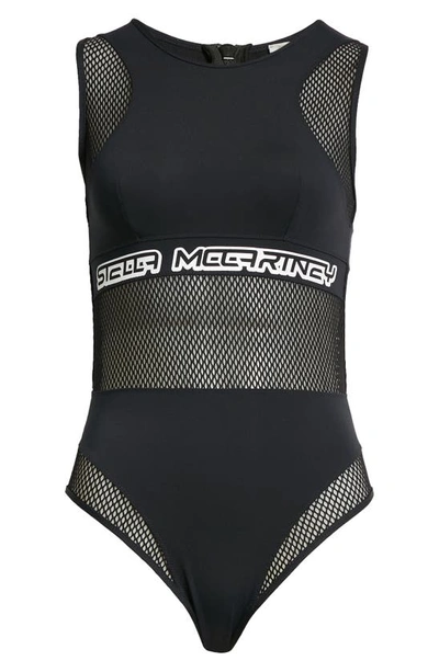 Shop Stella Mccartney '90s Logo Mesh Inset One-piece Swimsuit In Black