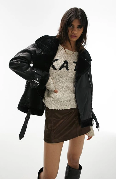 Topshop Faux Leather Shearling Aviator Biker Jacket In Black | ModeSens