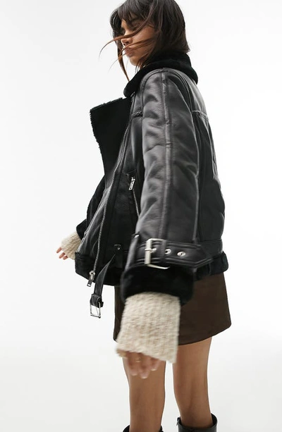 Topshop Faux Leather Shearling Aviator Biker Jacket In Black | ModeSens