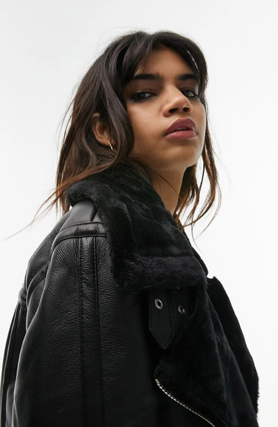 Topshop Faux Leather Shearling Aviator Biker Jacket In Black | ModeSens