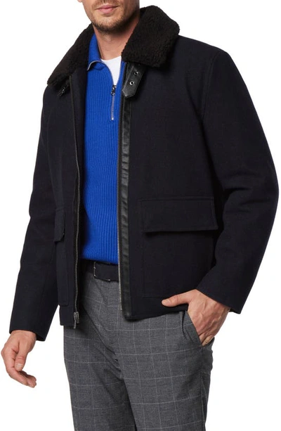 Shop Andrew Marc Hudson Water Resistant Faux Shearling Trim Jacket In Blue Heather