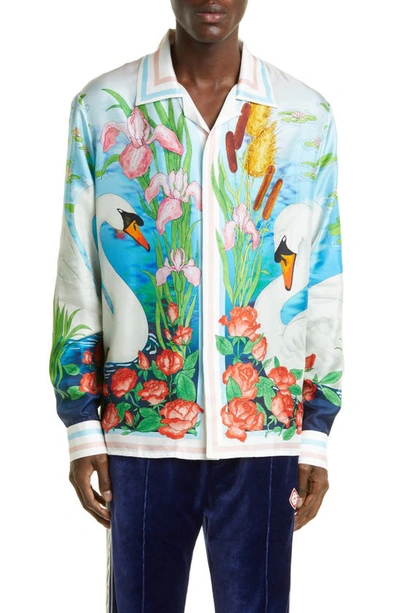 Shop Casablanca Long Sleeve Silk Button-up Shirt In Le Lac Tranquille