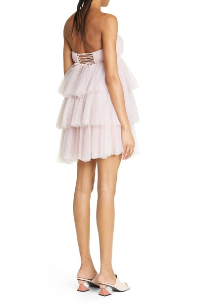 Shop Rotate Birger Christensen Crystal Embellished Tiered Strapless Tulle Minidress In Delicacy