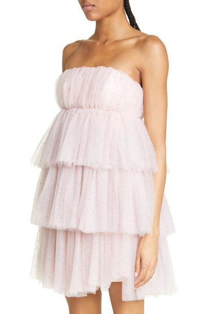Shop Rotate Birger Christensen Crystal Embellished Tiered Strapless Tulle Minidress In Delicacy