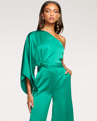 Shop Ramy Brook Simone One-shoulder Jumpsuit In Jewel Green