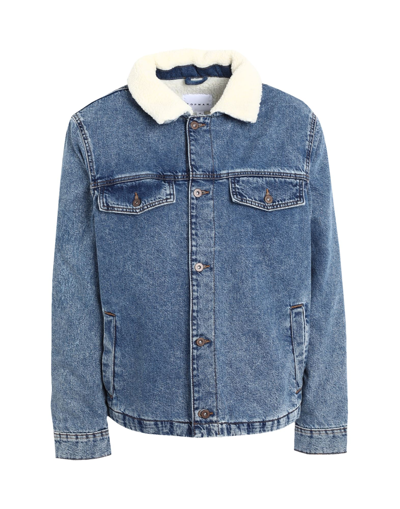 Shop Topman Borg Collar Denim Jacket In Mid Wash Blue Man Denim Outerwear Blue Size Xl Cotton