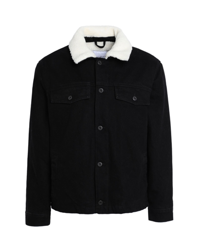 Topman Faux Shearling Collar Denim Jacket In Black