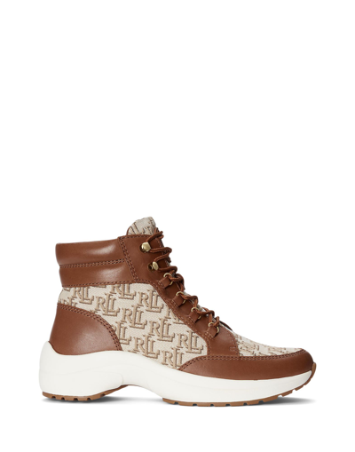 Shop Lauren Ralph Lauren Rylee Monogram Jacquard High-top Sneaker Woman Sneakers Tan Size 6 Textile Fiber In Brown