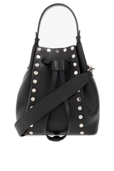 Shop Furla Studded Drawstring Bucket Bag In Black