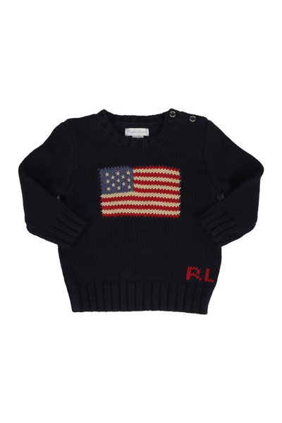 Shop Ralph Lauren Kids Flag Intarsia Crewneck Sweater In Blue