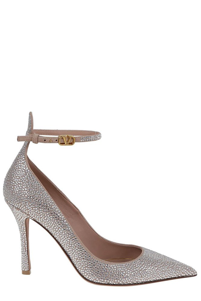 Shop Valentino Embelished Pointed Toe Pumps In Silver