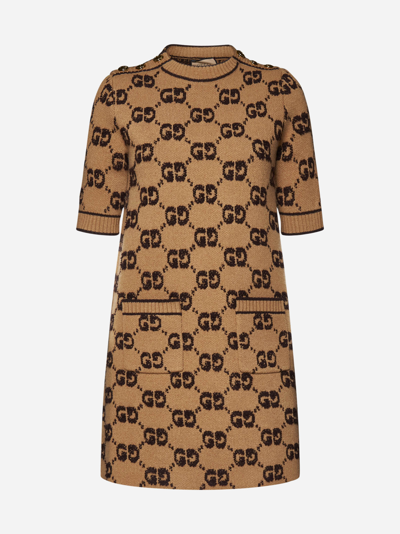 Shop Gucci Gg Wool Knit Mini Dress In Camel,brown