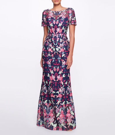 Shop Marchesa Notte Short Sleeve Embroidered Tulle Gown In Blue