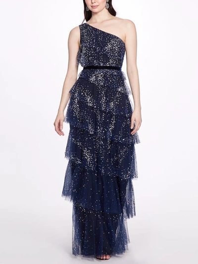 Shop Marchesa Notte One-shoulder Tiered Gown In Blue