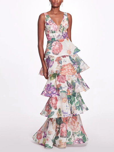 Shop Marchesa Notte Plunging V-neck Floral Printed Gown In White