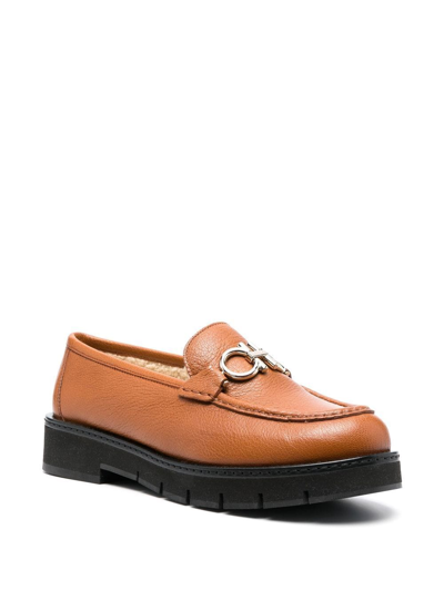 Ferragamo Rolo Lug Leather & Shearling Loafer In Brown