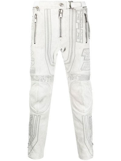 Shop Balmain Embroidered-design Tapered Leather Trousers In 白色