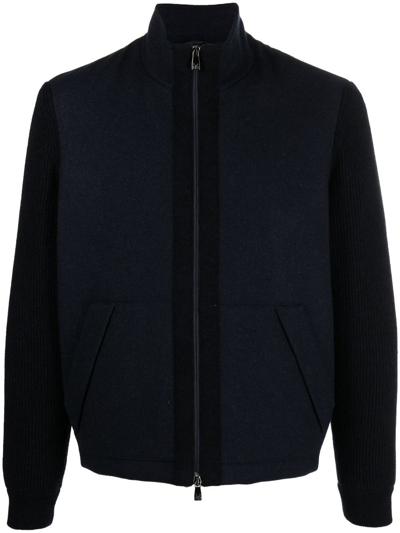 Shop Corneliani Knitted-sleeve Zipped Jacket In 蓝色