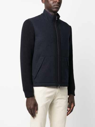 Shop Corneliani Knitted-sleeve Zipped Jacket In 蓝色