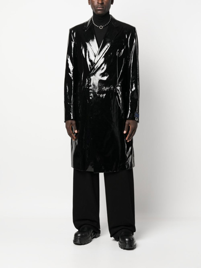 Shop Raf Simons Double-breasted Glossy Coat In 黑色