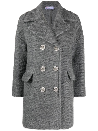 Shop Red Valentino Crystal-buttons Double-breasted Coat In 灰色