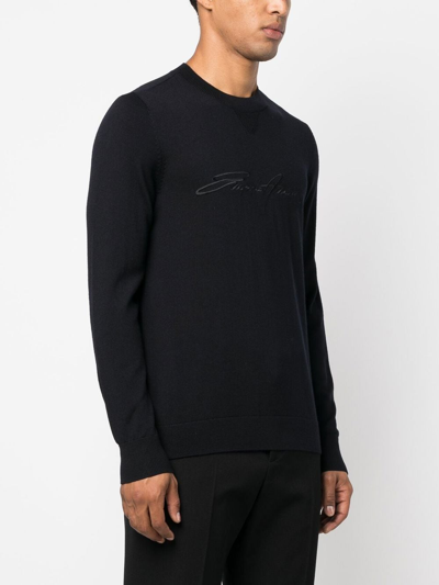 Shop Emporio Armani Embroidered-logo Virgin-wool Jumper In 蓝色