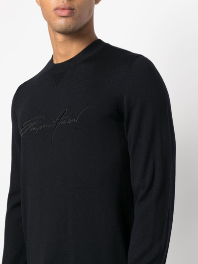 Shop Emporio Armani Embroidered-logo Virgin-wool Jumper In 蓝色