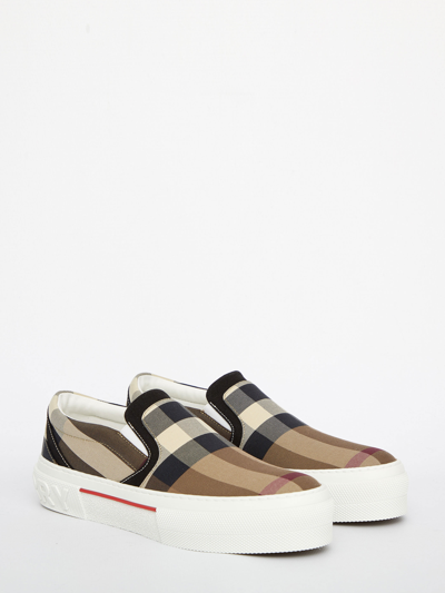 Shop Burberry Exaggerated Check Sneakers In Brown