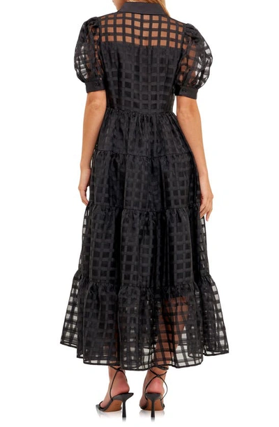 Shop English Factory Grid Pattern Tiered Midi Shirtdress In Black