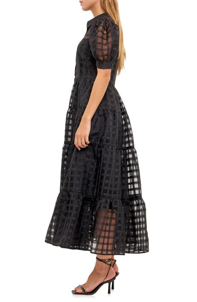 Shop English Factory Grid Pattern Tiered Midi Shirtdress In Black