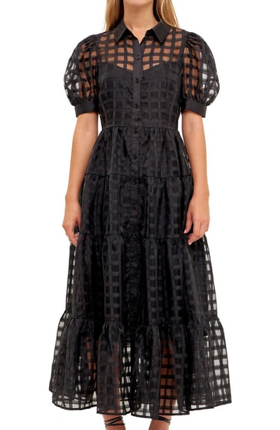 Shop English Factory Grid Pattern Tiered Midi Shirtdress In Black