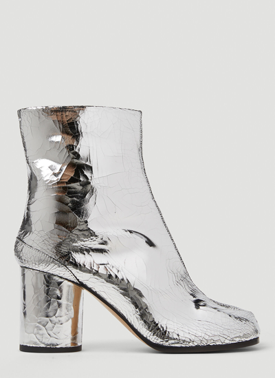 Maison Margiela Tabi Split-toe Crinkled Metallic Patent-leather Ankle Boots In Silver