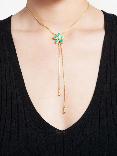 Pre-owned Susan Caplan Vintage 1990s Floral Charm Lariat Necklace In Gold