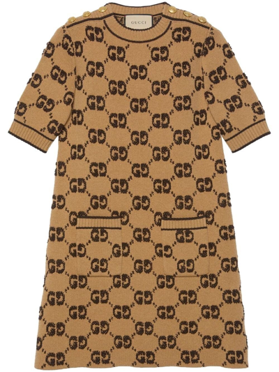 Shop Gucci Soft Wool Crew-neck Dress In Marrone