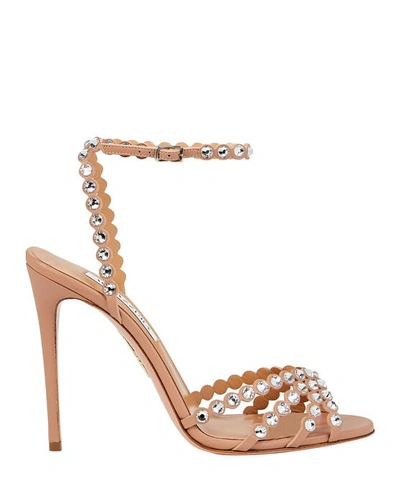 Shop Aquazzura Tequila Crystal-embellished Leather Sandals In Pink