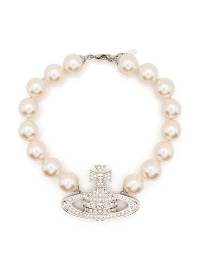 Shop Vivienne Westwood Logo-plaque Pearl Necklace In Neutrals