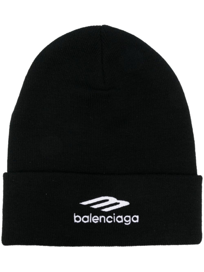 Shop Balenciaga Logo-embroidered Sports-icon Beanie In Black