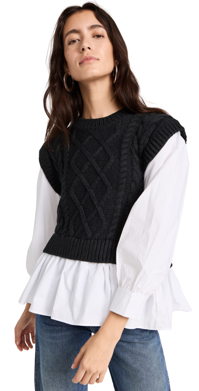 Shop English Factory Mixed Media Cable Detail Sweater Black/white